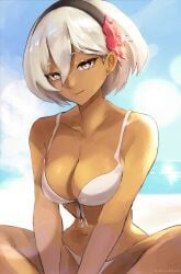 bea_(pokemon) big_breasts bikini breasts cleavage collarbone hair_ornament looking_at_viewer ocean pokemon pokemon_ss short_hair sky smile solo tommietomm tommy_(kingdukeee) water white_bikini