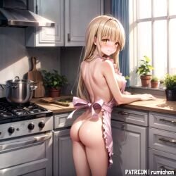 ai_generated ass blonde_female blonde_hair cooking from_behind kitchen light_smile naked_apron natural_light otonari_no_tenshi-sama_ni_itsu_no_mani_ka_dame_ningen_ni_sarete_ita_ken plant rumi_chan shiina_mahiru the_angel_next_door_spoils_me_rotten window yellow_eyes