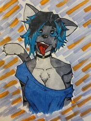 anthro bengal_cat blue_black_hair blue_eyes blue_hair choker cleavage exposed_shoulders furry loose_clothes loose_shirt shirt_slip silver_fur striped stripes suggestive_look tail tao_lenai tongue_out unknown_artist