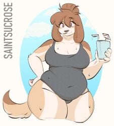 :3 anthro big_breasts breasts canid canine canis cleavage clothing female fur furry furry_only hi_res saintsucrose solo star_stuffed sweat tail thick_thighs wide_hips