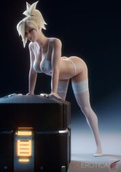 1girls 3d alternate_version_available angela_ziegler ass athletic athletic_female bending_over bent_over big_ass blender blizzard_entertainment blonde_hair bottomwear bra breasts cleavage female female_focus female_only g-string hairband highres holding holding_object leaning leaning_forward legwear light-skinned_female light_skin lingerie looking_at_viewer lootbox medium_breasts mercy necklace overwatch overwatch_2 panties ponytail pose posing presenting simple_background solo solo_focus stockings sweat sweatdrop sweating thick_ass thick_thighs topwear underwear vgerotica watermark white_legwear white_lingerie white_panties white_stockings