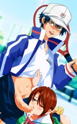 big_penis blowjob blowjob_face breasts cum_in_mouth half_naked jacket lustaxis prince_of_tennis ryoma_echizen sakuno_ryuzaki smile sportswear sweat tennis_ball tennis_racket tennis_uniform