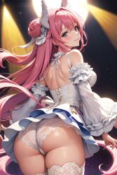 ai_generated ass ass_focus bare_shoulders blush breasts detached_sleeves dorothy_(nikke) dress female from_behind goddess_of_victory:_nikke hair_feathers hair_ornament large_breasts long_hair looking_at_viewer looking_back panties purple_eyes shiny shiny_hair shiny_skin short_dress sideboob skirt smile solo thighhighs very_long_hair