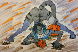 anthro anxious bengal_cat blue_black_hair blue_eyes blue_hair candle cleavage furry halloween jack-o'-lantern jack-o_pose no_pants pantsless pumpkin silver_fur striped stripes tail tao_lenai unknown_artist