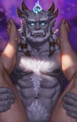 ambiguous_gender beard blizzard_entertainment blue_eyes chest_tuft draenei duo facial_hair feet female_pov hi_res holding_both_legs horn human humanoid interspecies male male/ambiguous male_draenei mammal maragondi moustache navel nipples sex taker_pov tuft warcraft