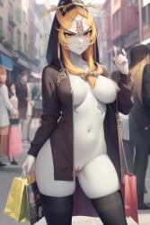 ai_generated angry black_legwear breasts cape clothing exposed_breasts female female_only fluffy legwear medium_breasts midna public_nudity pussy shopping_bag solo stockings the_legend_of_zelda