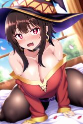 1girls aged_up ai_generated bedroom blue_sky brown_hair cleavage embarrassed female female_only high_resolution highres huge_breasts kono_subarashii_sekai_ni_shukufuku_wo! megumin nai_diffusion off_shoulder pantyhose red_eyes short_hair skyrimgamer17 solo stable_diffusion thick_thighs witch_hat