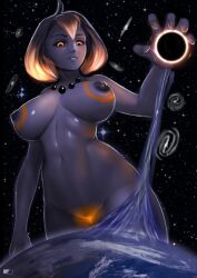 1girls big_breasts black_hole curvy earth glowing_eyes glowing_hair glowing_pussy greenfireartist nude planet space stars