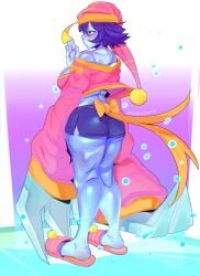 ass blue_skin cashumeru clothing darkstalkers hsien_ko jiangshi large_breasts lei-lei lei_lei monster_girl pajamas purple_hair shorts sleepwear thick_thighs thighs