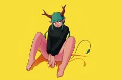 bottomless branch_horns covered_pussy elf_ears female_only green_hair simple_background tanned_skin the_pizza_guy_1012 tre_(islud) yellow_eyes