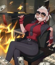 1girls barleyshake big_breasts demon demon_girl demon_horns female female_only fingerless_gloves fire helltaker horns justice_(helltaker) large_breasts money solo solo_female solo_focus sunglasses thick_thighs thighs tie tinted_eyewear tomboy white_hair wide_hips