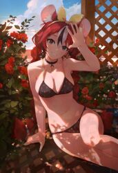 1girls aged_up bikini black_bikini blue_eyes braid breasts choker cleavage female flower hakos_baelz hololive hololive_english hololive_english_-council- hololive_english_-promise- jushoro lying medium_breasts mouse_ears mouse_girl multicolored_hair on_side outside red_hair rose rose_(flower) sitting solo strawberry_baelz sunlight swimsuit thighs twin_braids virtual_youtuber