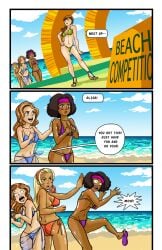 2:3_ratio 3_panel_comic 4girls beach bikini blue_bikini blue_sarong blue_sky clouds comic english english_dialogue female multiple_girls ocean page_1 pinkandpeachy pose posing purple_bikini push pushing red_bikini sand sarong sign sky talking_to_another white_clouds wood_sign