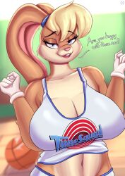 2021 absurd_res anthro ball basketball_(ball) big_breasts blonde_hair blue_eyes bottomwear breasts buckteeth clothing dialogue english_text eyebrows eyelashes female gloves hair handwear hi_res huge_breasts lagomorph leporid lola_bunny long_ears looking_at_viewer looney_tunes mammal navel nexcoyotlgt open_mouth pink_nose rabbit shirt shorts solo space_jam talking_to_viewer tank_top teeth text text_on_clothing text_on_shirt text_on_tank_top text_on_topwear topwear warner_brothers