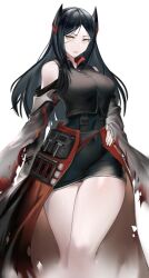 absurdres arknights bare_shoulders black_hair black_shirt black_shorts breasts chong_(547342983) covered_navel cowboy_shot demon_horns feet_out_of_frame female highres horns ines_(arknights) long_hair looking_at_viewer medium_breasts mole mole_under_eye off_shoulder parted_lips pouch shirt shorts simple_background sleeveless sleeveless_shirt solo thighs torn_clothes white_background yellow_eyes