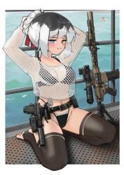 ar-15 armpit armpits arms_behind_back assault_rifle banana_batter belt big_breasts bikini black_hair blue_eyes blush fishnet glock gun heterochromia holster holstered_weapon kneeling kneesocks legs original_character panties pistol red_eyes red_ribbon ribbon rifle see-through see-through_clothing sole_female solo sweater swimsuit tactical thick_legs thick_thighs thighs two_tone_hair tying_hair white_hair