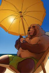 2023 alcohol anthro barazoku barely_visible_nipples beach beach_chair bear beer belly beverage beverage_can biceps big_bulge big_muscles braided_fur bulge can chair clothed clothing container day deltoids detailed_bulge eyebrows fur furniture hi_res holding_beverage holding_can holding_container holding_object huge_bulge huge_muscles licking licking_lips licking_own_lips male mammal mickey_the_retriever musclegut muscular muscular_anthro muscular_male narrowed_eyes navel nipples open_mouth open_smile outside pabst_blue_ribbon pecs relaxing sand seaside sitting sky smile solo summer sun swimming_trunks swimwear teeth thick_thighs tongue tongue_out topless topless_anthro topless_male tuft umbrella water