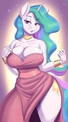 2021 absurd_res anthro anthrofied big_breasts breasts cleavage clothed clothing curvy_figure cutie_mark dress equid equine eyebrow_through_hair eyebrows eyelashes eyeshadow female fingers friendship_is_magic hair half-closed_eyes hasbro hi_res horn long_hair looking_at_viewer makeup mammal multicolored_hair my_little_pony narrowed_eyes nexcoyotlgt portrait princess_celestia_(mlp) purple_eyes small_waist solo standing thick_thighs three-quarter_portrait translucent translucent_hair unicorn white_body wide_hips