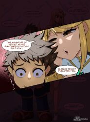 1boy 1girls blonde_hair breasts brown_hair cleavage comic_page dialogue english_text fake_face female height_difference huge_breasts imminent_sex light-skinned_female light_skin long_hair male meme mythra naughty_face nintendo rex_(xenoblade) short_hair size_difference smaller_male thick_thighs xenoblade_(series) xenoblade_chronicles_2