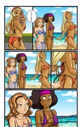 3girls 5_panel_comic assisted_exposure beach bikini blue_bikini blue_sarong comic english female female_only multiple_girls ocean page_2 pinkandpeachy pose posing purple_bikini push pushing red_bikini sarong untied untied_bikini