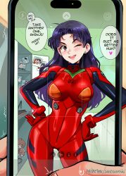 1boy 1girls alternate_costume asuka_langley_sohryu_(cosplay) blush bodysuit breasts brown_eyes cellphone cosplay earrings female female_focus fully_clothed hands_on_hips human large_breasts light-skinned_female light_skin locker_room long_hair medium_breasts misato_katsuragi neon_genesis_evangelion one_eye_closed phone pilot_suit plugsuit purple_hair shinji_ikari skin_tight snegovski solo_focus speech_bubble text tight_clothing viewfinder wide_hips wink