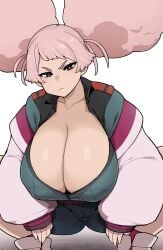 1girls big_breasts breasts chuatury_panlunch cleavage clothed clothed_female clothing female female_only gigantic_breasts gundam gundam_suisei_no_majo huge_breasts large_breasts looking_at_viewer massive_breasts otogi_tetsurou solo solo_female squatting