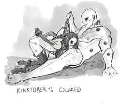 1boy 1girls aestra_khromys all_fours arms_behind_back barefoot black_and_white blowjob bondage chaos_(warhammer) chaos_space_marine collar dark_eldar drukhari drukhari_archon eldar jetblackraider leash penis running_mascara sex_slave slave stirrup_legwear tattoo tattoo_on_butt tattoo_on_chest thighhighs toeless_legwear warhammer_(franchise) warhammer_40k