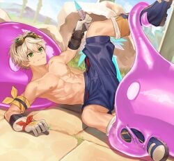 1boy bandage bennett_(genshin_impact) genshin_impact gloves googles green_eyes hoyoverse male male_only mihoyo nayoshi_(r-744) purple_body r-744 restrained shirtless skyward_blade slime_(genshin_impact) slime_monster spread_legs sword tentacle white_hair young