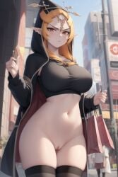 ai_generated angry black_legwear bottomless breasts cape clothing exposed_breasts female female_only fluffy legwear medium_breasts midna public_nudity pussy shopping_bag solo stockings the_legend_of_zelda