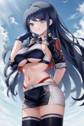 ai_generated alternate_costume big_breasts cleavage cosplay crossover_cosplay danganronpa danganronpa:_trigger_happy_havoc gloves image jacket maizono_sayaka midriff prinz_eugen_(final_lap)_(azur_lane) race_queen shorts skirt smile stable_diffusion thighhighs underboob