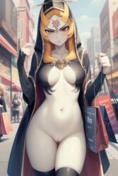 1girls ai_generated angry black_legwear breasts cape exposed_breasts female female_only fluffy legwear midna nintendo public_nudity pussy ruptuorie shopping_bag solo the_legend_of_zelda twili_midna twilight_princess