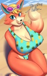 2021 absurd_res animal_crossing anthro audie_(animal_crossing) beach big_breasts bodily_fluids breasts canid canine canis cleavage clothed clothing dialogue english_text eyewear eyewear_on_head female hi_res huge_breasts mammal nexcoyotlgt nintendo one-piece_swimsuit seaside solo speech_bubble sunglasses sunglasses_on_head sweat swimwear text wolf