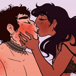 1boy1girl canon_couple chocker closed_eyes connie_maheswaran curly_hair dark-skinned_female dominant_female eventual_sex indian_female lace-trimmed_bra licking licking_mouth licking_partner light-skinned_male married married_couple married_woman pleased_expression santan999 steven_quartz_universe steven_universe straight submissive_male sweating