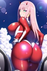 ai_generated blue_sky bodysuit cumulonimbus_cloud darling_in_the_franxx earrings falling_petals from_behind green_eyes hands_on_hips high_resolution highres huge_ass lens_flare looking_at_viewer looking_back nai_diffusion pink_hair red_bodysuit red_horns skyrimgamer17 smile stable_diffusion thick_thighs zero_two_(darling_in_the_franxx)