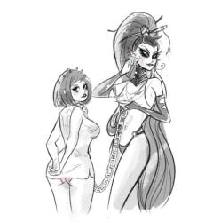 2girls adepta_sororitas aestra_khromys bob_cut collar dark_eldar drukhari drukhari_archon eldar femdom ignacia_(jetblackraider) jetblackraider leash lezdom long_hair looking_at_viewer looking_back nipple_piercing panties ponytail sex_slave sister_of_battle sketch slave smile smiling_at_viewer t-shirt warhammer_(franchise) warhammer_40k yuri