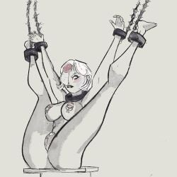 adepta_sororitas black_and_white blush bondage bound chains clitoris_piercing collar female female_only femsub imperium_of_man jetblackraider legs_up linked_nipples linked_piercings nipple_piercing nipple_rings nude piercing purity_seal sister_of_battle warhammer_(franchise) warhammer_40k