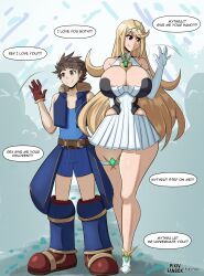 1boy 1girls blonde_hair breasts brown_hair cleavage comic_page core_crystal dialogue english_text fake_face female height_difference huge_breasts light-skinned_female light_skin long_hair male mythra nintendo rex_(xenoblade) short_hair size_difference smaller_male thick_thighs xenoblade_(series) xenoblade_chronicles_2