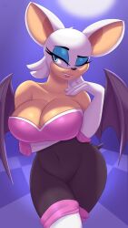 absurd_res anthro bat bat_wings big_breasts breasts cleavage clothed clothing female gloves handwear hi_res legwear mammal membrane_(anatomy) membranous_wings navel nexcoyotlgt one_eye_closed rouge_the_bat sega smile solo sonic_(series) sonic_the_hedgehog_(series) tan_body tan_skin wings