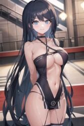 ai_generated alternate_costume bare_shoulders big_breasts cleavage cosplay crossover_cosplay danganronpa danganronpa:_trigger_happy_havoc garter_straps hands_behind_back image maizono_sayaka midriff race_queen smile stable_diffusion thick_thighs thighhighs zuikaku_(the_wind's_true_name)_(azur_lane)