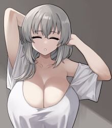 1girls arm_up arms_behind_head breasts cleavage closed_eyes collarbone grey_hair hair_between_eyes hair_over_shoulder huge_breasts jorin large_breasts long_hair looking_at_viewer mature_female short_sleeves solo uzaki-chan_wa_asobitai! uzaki_tsuki