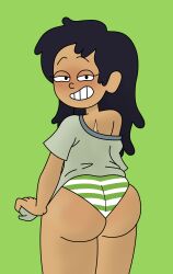 amphibia amphibia_(finale) amphibia_(series) asian_female ass_focus big_butt black_hair blush blush_lines blushing_at_viewer disney female female_focus female_only green_shirt green_striped_panties looking_at_viewer marcy_wu panties pantyshot partially_clothed presenting_hindquarters rustybv3 shimapan shirt_lift short_hair simple_background skindentation solo_female straight_hair striped_panties underwear