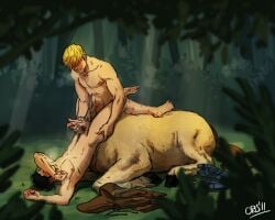 2boys arm_over_head ass_grab bad_id bad_tumblr_id bara black_hair blonde_hair blush breath centaur clenched_teeth clothes_removed completely_nude couple covering_face crisart cum cum_on_body cum_on_boy cum_on_pectorals forest from_side gay gay_sex grabbing_another's_ass groping hair_over_eyes handjob hulkling humanoid interspecies long_sideburns male_focus male_only male_pubic_hair marvel missionary monsterification multiple_boys nature navel_hair nipples nude pectorals pubic_hair short_hair sideburns sitting taur teeth thick_eyebrows toned toned_male torogao wiccan yaoi