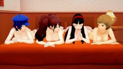 3d 4girls amagi_yukiko atlus barefoot bed bedroom black_hair blue_hair breasts brown_hair casual casual_nudity completely_naked completely_nude female female_only hairband hat headwear human kujikawa_rise long_hair multiple_girls naked naked_hat nipples nonsexual_nudity nude nudist pale_skin persona persona_4 pussy retro_punch retropunch satonaka_chie shirogane_naoto short_hair tomboy toned_female twintails