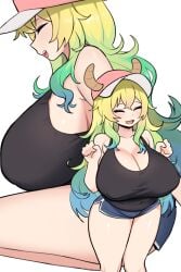 1girls baseball_cap blush breasts cleavage closed_eyes dragon_girl eyes_closed female gradient_hair hat horns horns_through_headwear jorin kobayashi-san_chi_no_maidragon large_breasts lucoa lucoa_(maidragon) miss_kobayashi's_dragon_maid monster_girl multicolored_hair pants quetzalcoatl_(dragon_maid) short_shorts shorts sideboob simple_background smile solo tank_top thighs white_background