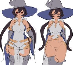 before_and_after brickshoes detached_sleeves embarrassed first_porn_of_character force_of_will pubic_hair sketch skirt_lift sleeves sole_female thick_thighs thighhighs twintails unfinished wizard_hat zero,_master_of_the_magic_saber