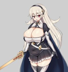 1girls :d adapted_costume alternate_costume bare_thighs black_dress black_gloves black_hairband breasts cape cleavage commentary_request corrin_(female)_(fire_emblem) corrin_(fire_emblem) corrin_(fire_emblem)_(female) covered_navel cowboy_shot dress female female female_only fire_emblem fire_emblem_fates gloves grey_background grey_hair hair_ornament hairband highres holding holding_sword holding_weapon huge_breasts inner_thighs juliet_sleeves long_hair long_sleeves looking_at_viewer nintendo open_mouth plump pointy_ears puffy_sleeves red_eyes sawati short_dress simple_background skindentation skirt smile solo standing sword thick_thighs thighhighs thighs very_long_hair weapon white_hair yato_(fire_emblem)