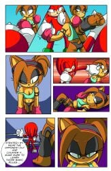 1girls 1male 2018 2023 ass boxing_gloves boxing_ring cleavage comic dialogue female hd hedgehoglove hi_res high_resolution highres kicking klara_the_hedgehog knuckles_the_echidna male page_2 panties punching sonic_(series) sonic_the_hedgehog_(series)