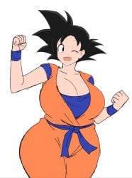 1girl alien alien_girl alien_look_like_human big_breasts black_eyes black_hair cleavage clothed clothed_female clothing cute dragon_ball eyelashes female female_focus female_goku female_only female_saiyan gender_bender genderbend genderbender genderbent genderswap genderswap_(mtf) goku happy happy_face happy_female happy_smile hips milf momiji_(artist) mother one_eye_closed one_eye_open open_smile rule_63 saiyan saiyan_girl smile smile_at_viewer smiley_face smiling smiling_at_viewer son_goku spiked_hair spiky_hair white_background wide_hips wink winking winking_at_viewer