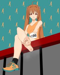 ahoge ankle_socks anklehighs artist_request barefoot black_legwear black_socks blue_footwear brown_eyes brown_hair collarbone crossed_legs dirty dirty_feet eiyuu_densetsu estelle_bright falcom feet hair_intakes highres logo looking_at_viewer multicolored_footwear on_railing orange_footwear orange_shirt pointing pointing_at_viewer railing shirt shoes shoes_removed single_shoe sitting sleeveless smell smile sneakers socks socks_removed soles sora_no_kiseki steam sweat tank_top toes track_and_field track_uniform