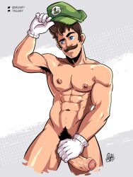 1boy biceps big_balls big_bulge big_cock big_penis brother daddy dick erection gloves hairy hairy_armpits hat huge_balls huge_cock lad luigi male male_only mario_(series) moustache muscles muscular muscular_male nipples nude pecs penis penis_grab penis_out plumber simple_background solo standing vein veiny_penis velgaty